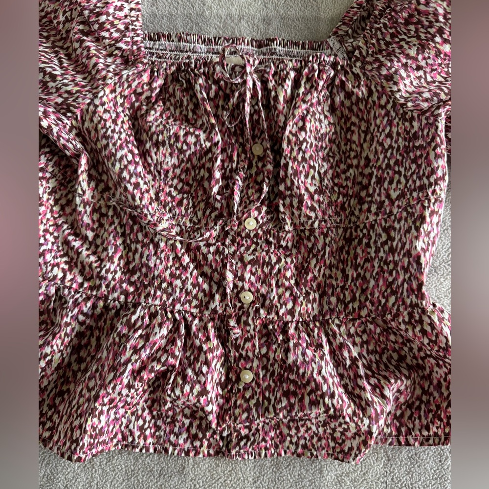 Universal Thread Peasant Blouse Puff Sleeves, Smocked Waist Button Pink Sz Small - Picture 6 of 7